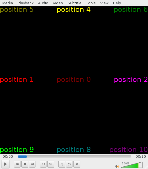 Marq can be chained, allowing several marquees to be displayed at the same time. Nine positions and text colours are shown against a black background.