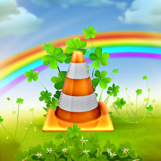 The VLC orange traffic cone logo surrounded by a bunch of four-leaf clover, a rainbow behind it and a blurred background of green grass and blue sky