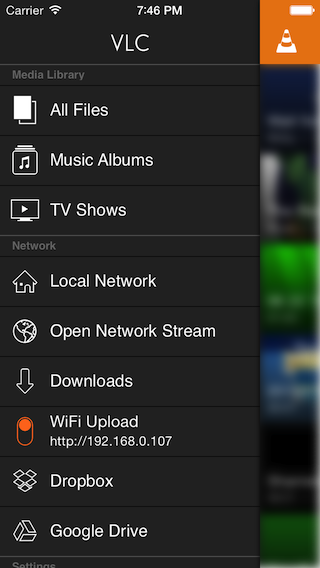 VLC for iOS' sidebar menu with WiFi Upload switched on